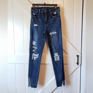 American Eagle Dark Denim Distressed, Super High-Rise Jeggings